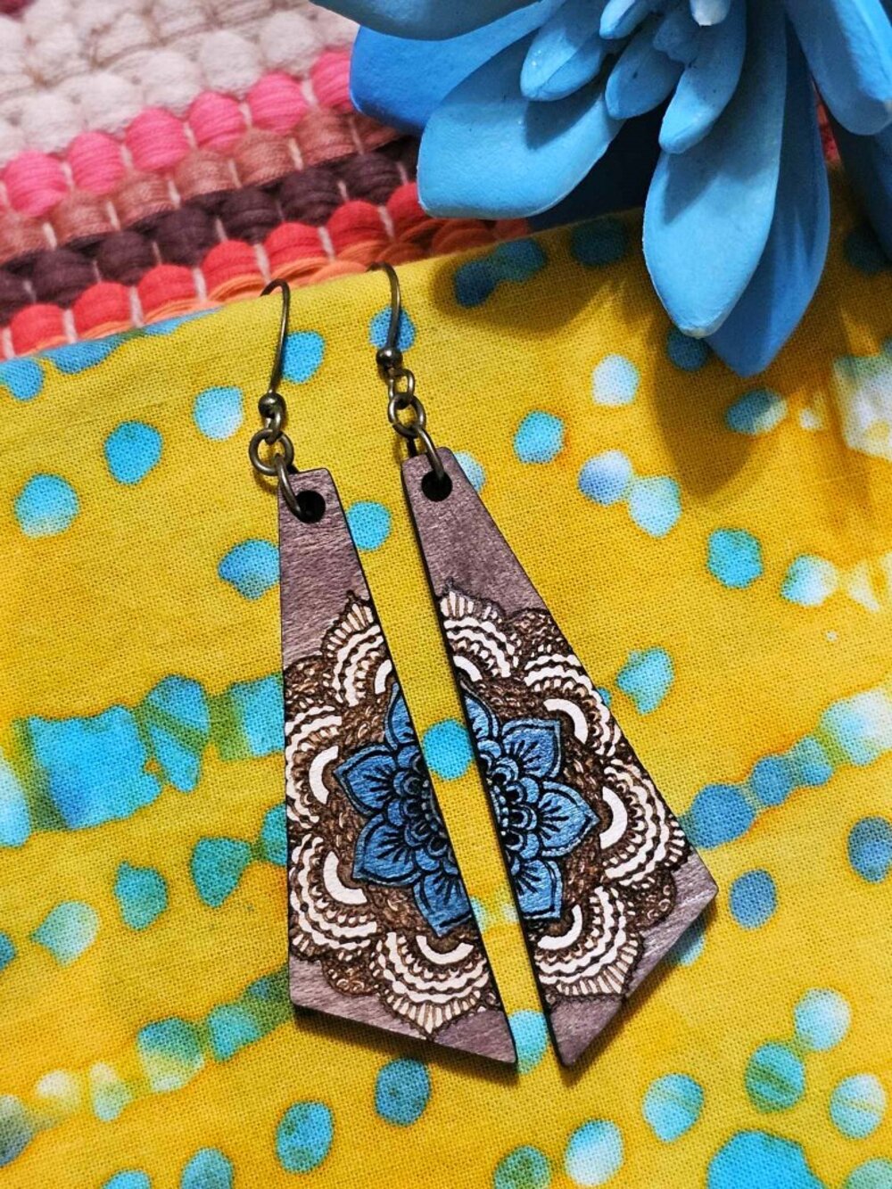 Boho Turquoise Ivory Mandala Statement Wood Earrings Geometric Dangle Pierced - Picture 2 of 11